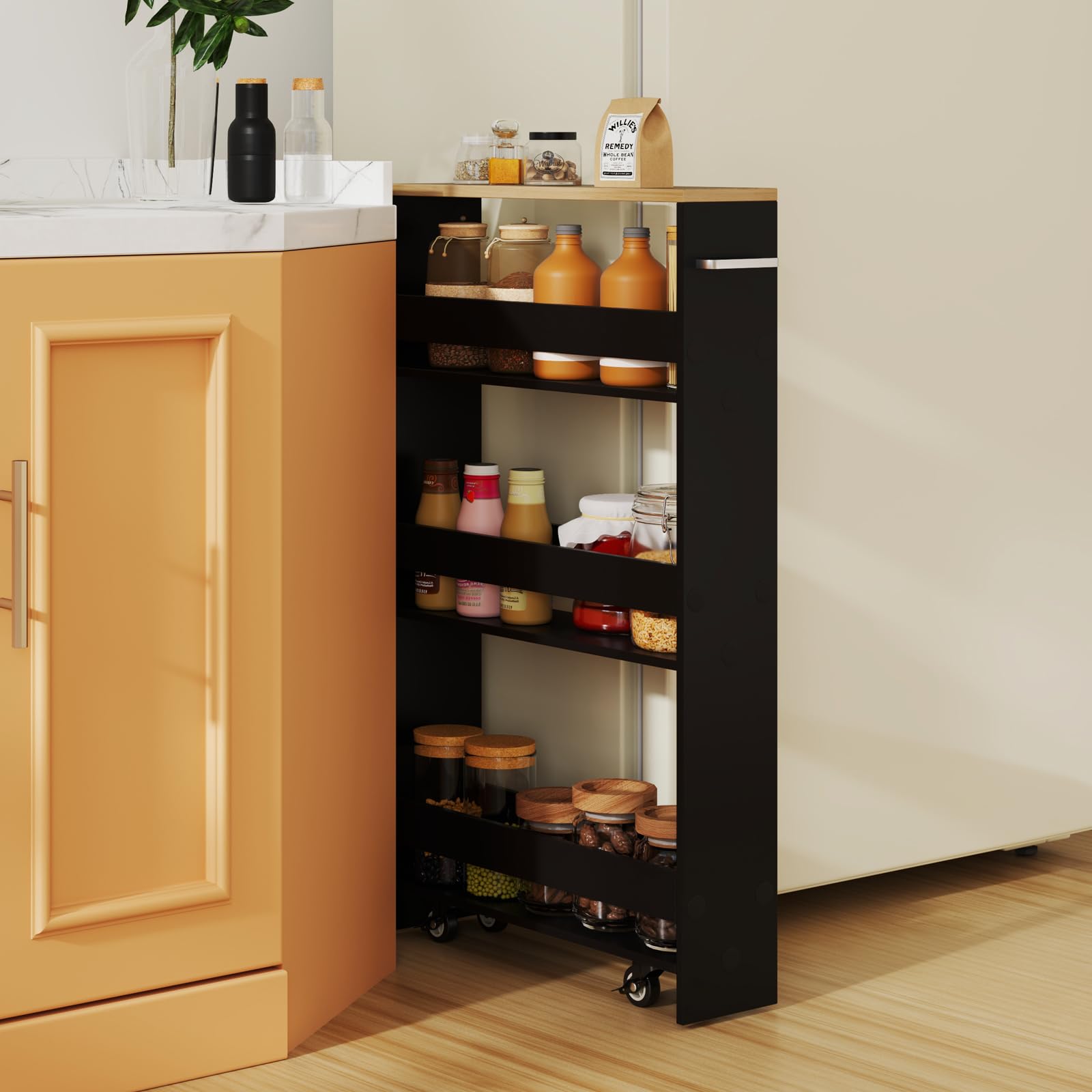 KOMFOTTEU Carro Estrecho de 4 Niveles con Ruedas, Carrito de Cocina con Asa, Carrito para Ahorrar Espacio para BAÑO, Dormitorio, Estantería Móvil de Almacenamiento, 47,5 x 20 x 80,5 cm (Negro)