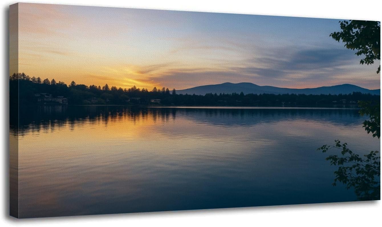 Canvas Wall Art Sunset Lake Placid Adirondack Mountains across Mirror Lake Upstate New Wooden Framed Artwork Easy to Hang Wall Decor for Kitchen Bathroom 20 x 40 inch