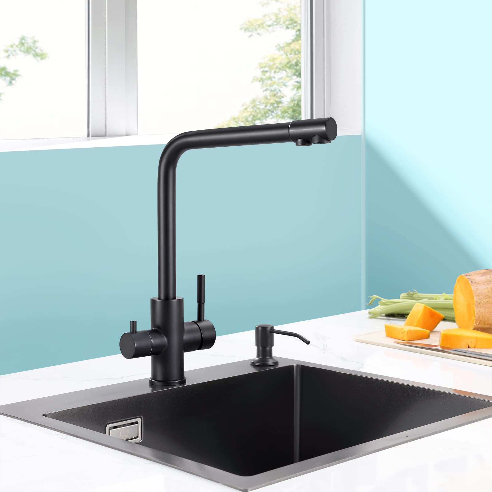 CECIPA PURE-B Robinet Cuisine 3 Voies, Mitigeur d'Évier avec Deux Sorties D'eau: Eau Filtrée et Eau Chaude/Froide - Bec Orientable 360° en Acier Inoxydable 304, Noir