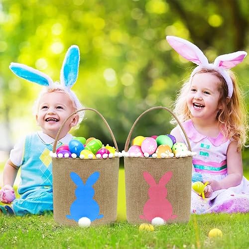 Miniatura 7 de Paquete de 3 cestas de conejo de Pascua, bolsas de conejo de caza de huevos de Pascua, cestas pequeñas con cola esponjosa, lona de algodón, bolsa de