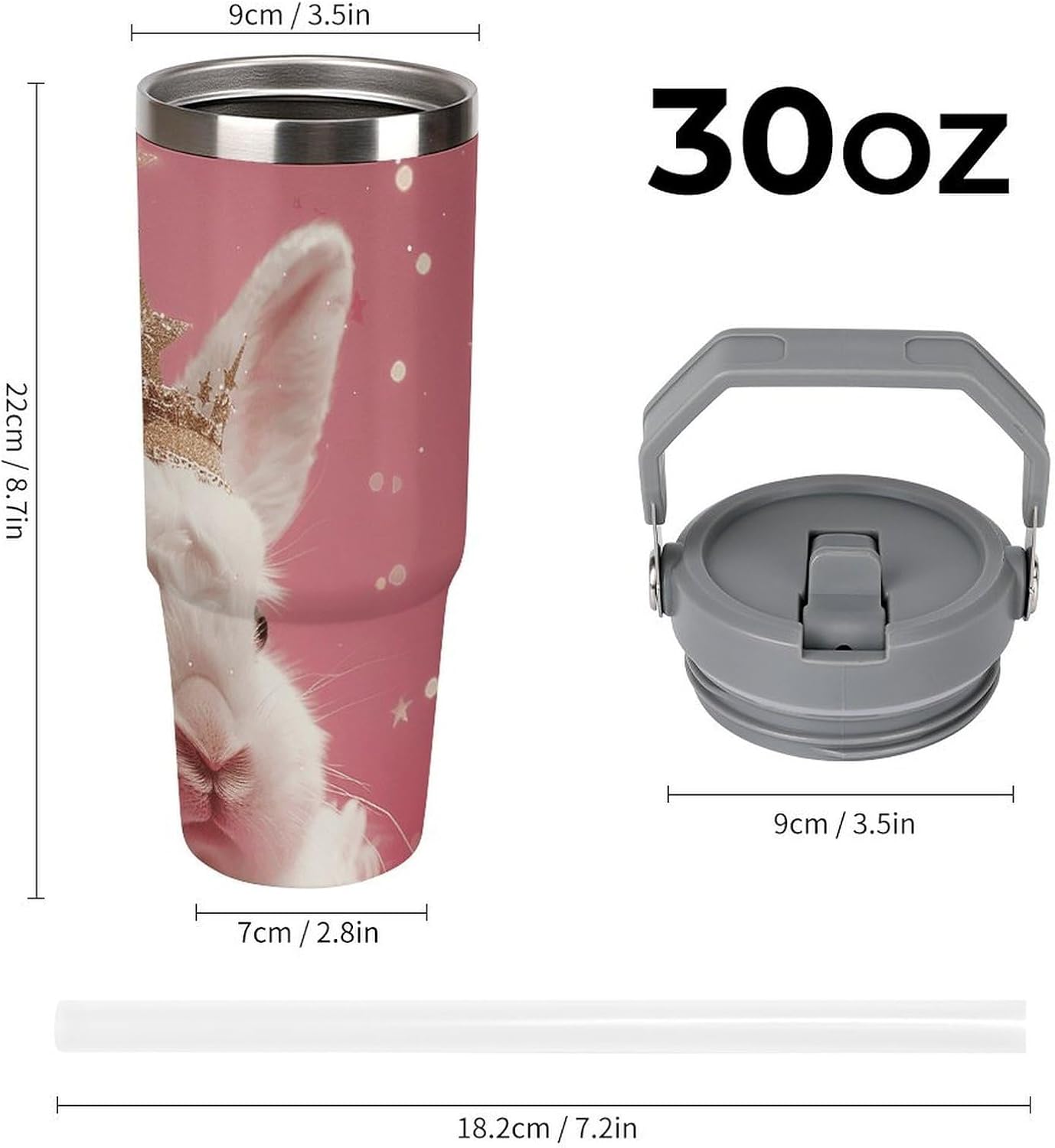 30oz Insulated Tumblers with Top Handle, Stainless Steel Rabbit Wearing A Crown Car Cup with Straw for Gift, Leak-Proof Double Wall Vacuum Travel Mug, Personalized Water Bottles White