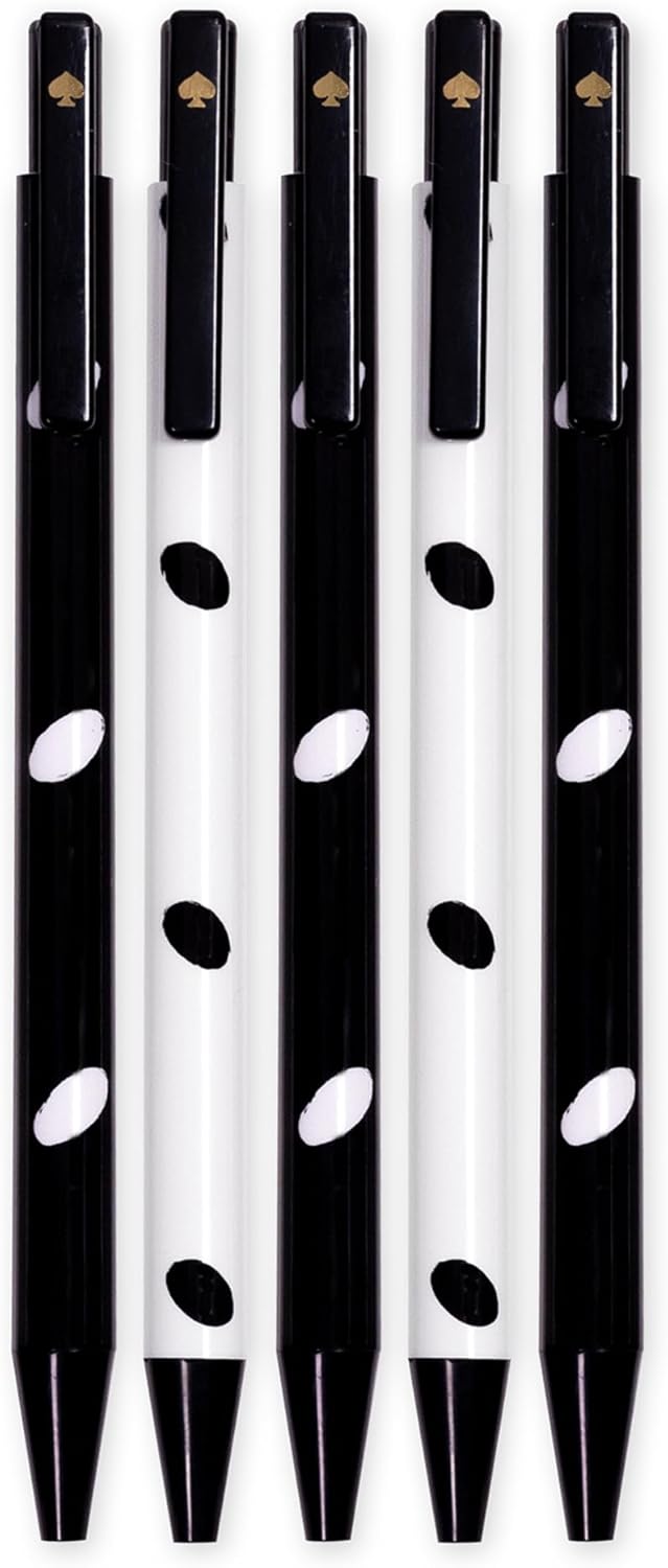 kate spade new york Black Ink Pen Set of 5, Cute Plastic Click Pens (Almond Dot)