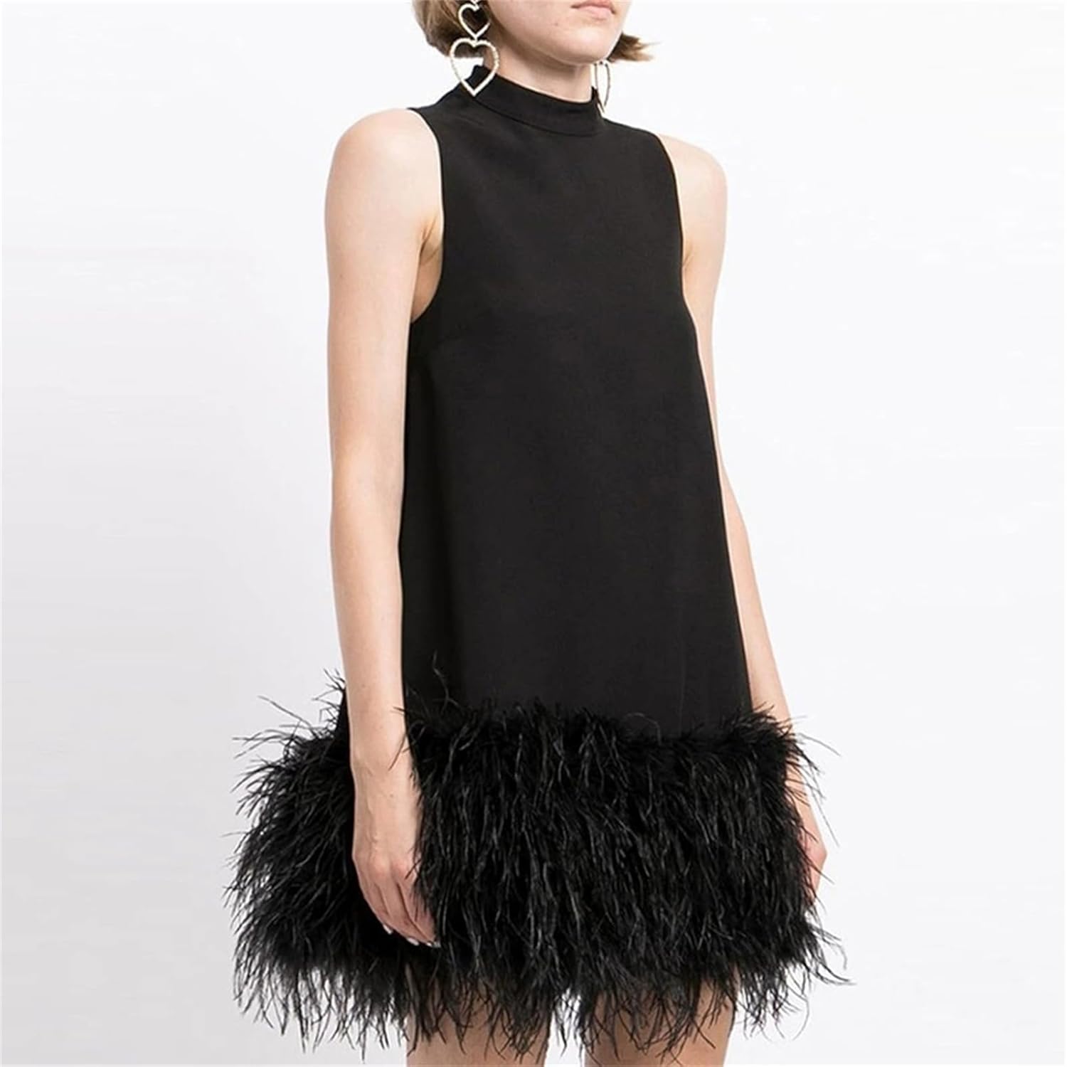 PY-05 Women's Fluffy Ostrich Feather Hem Short Mini Dress Summer Sleeveless Turtleneck Loose fit Dresses - Image 2