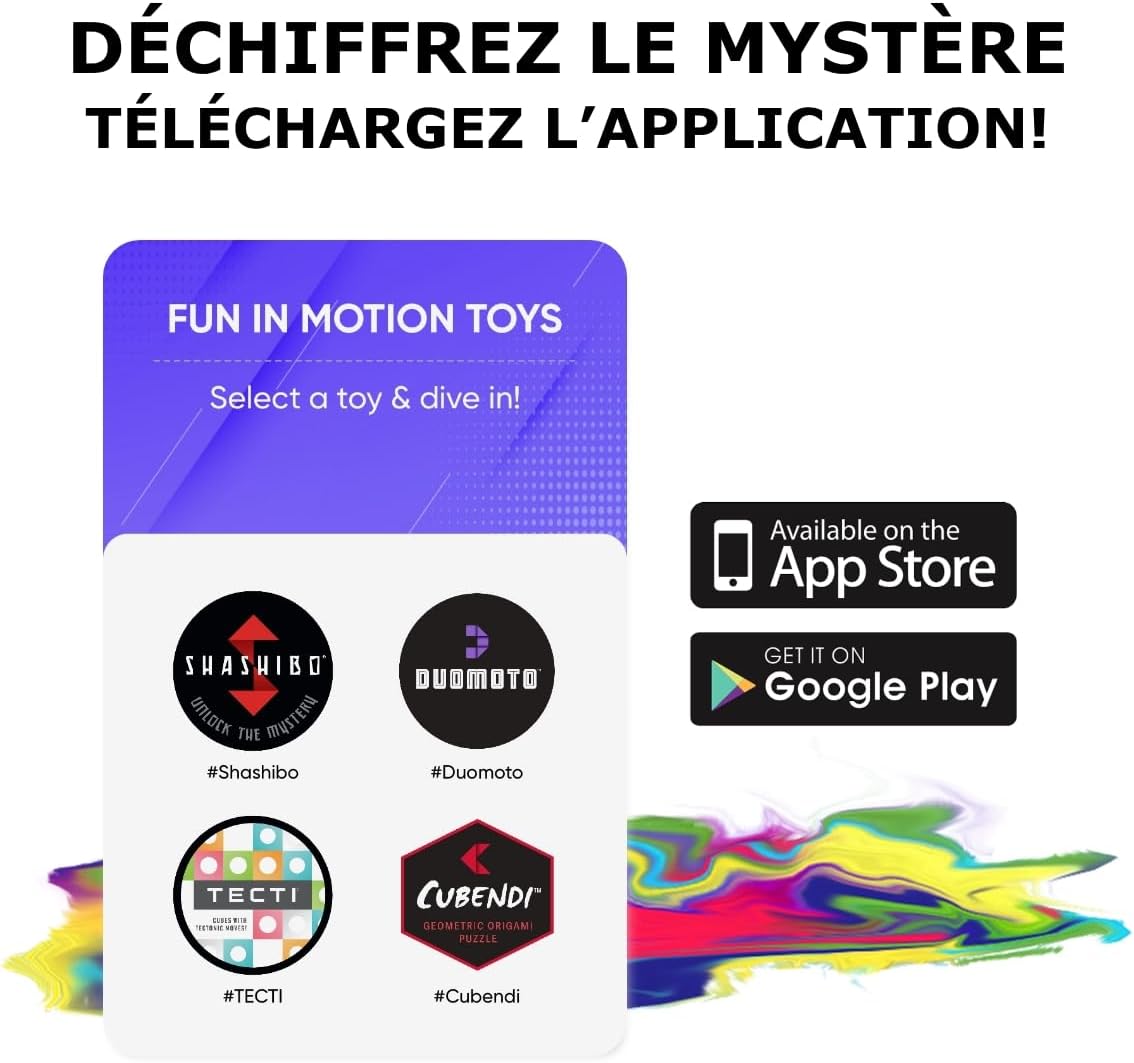 Screenshot of the Fun In Motion Toys app interface with App Store and Google Play badges.