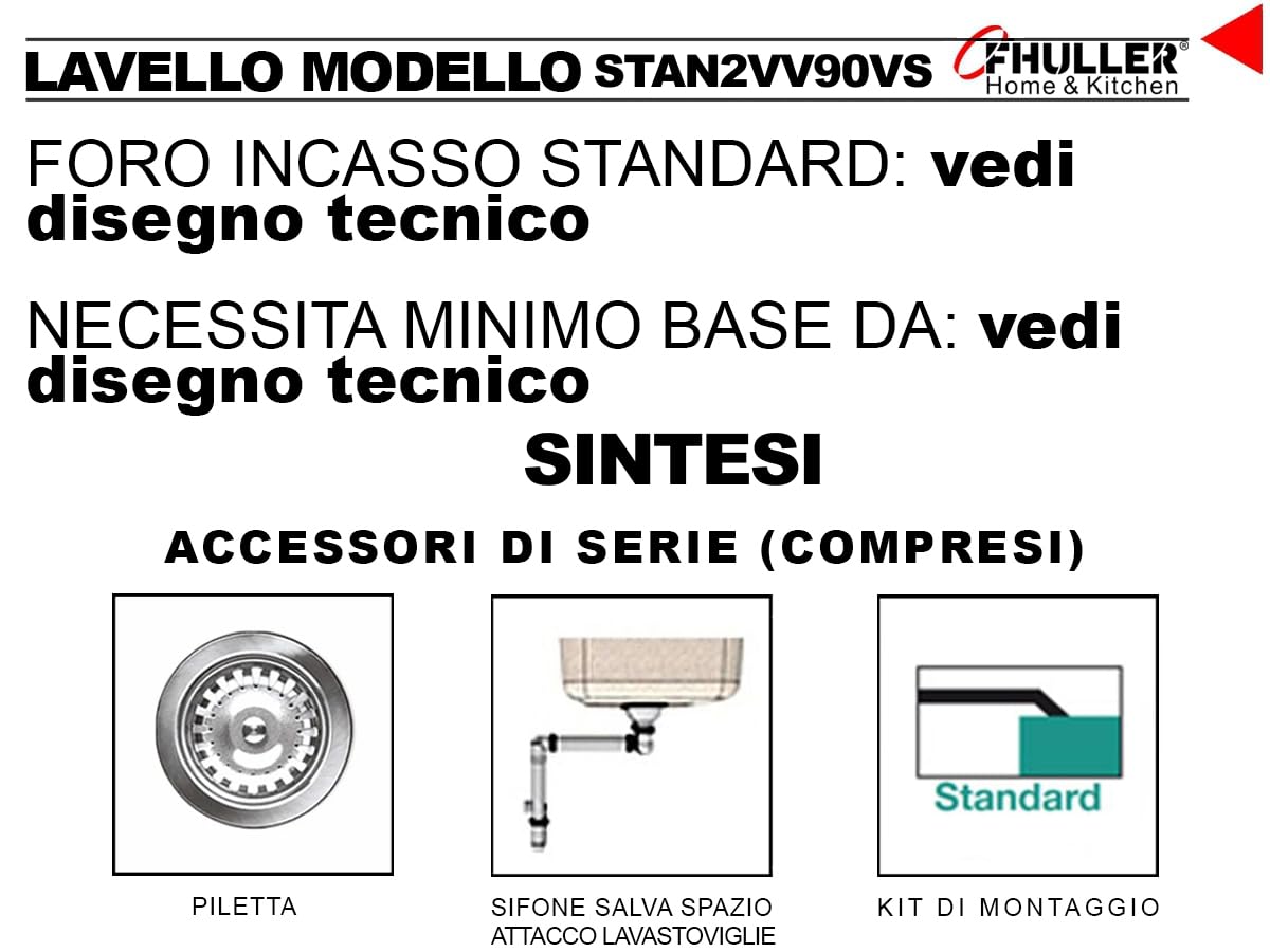 Lavello Incasso Cucina Angolare FHULLER Mod.SINTESI ANGOLO Art. STAN2VV90VS in Acciaio Spazzolato 83X83 2 Vasche Saldate 34X40 Profonde H 19,3 + Gocciolatoio. Made in Italy