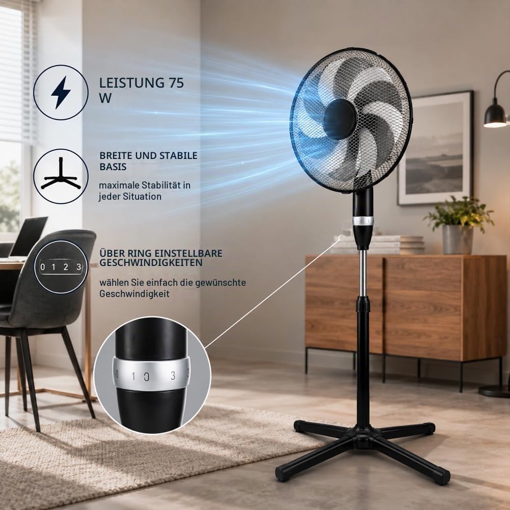 BAKAJI Standventilator Leistung 75 W schwarz mit 6 Flügeln Durchmesser 40 cm und Gitter 45 cm, selbsttragender Air Fan mit breitem und soliden Sockel und 3 wählbaren Geschwindigkeiten mit Gleitring