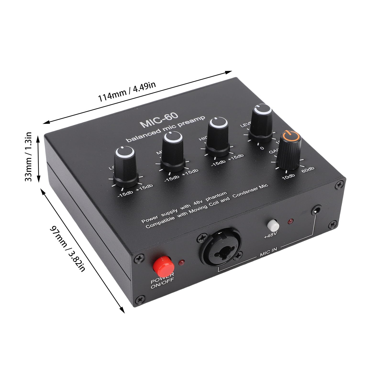 CHICIRIS Preamp de Micrófono 60dB de Ganancia de Micrófono, 3.5 Mm de 6.5 Mm XLR Intput Output Preamplificador con Potencia Fantasma de 48V, AMP Dinámico de Micrófono y Condensador para