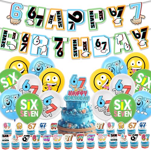 6 7 Birthday Decorations 6 7 Meme Six Seven Themed party supplies Set Includes Banner Cake Topper Cupcake Toppers Ballons