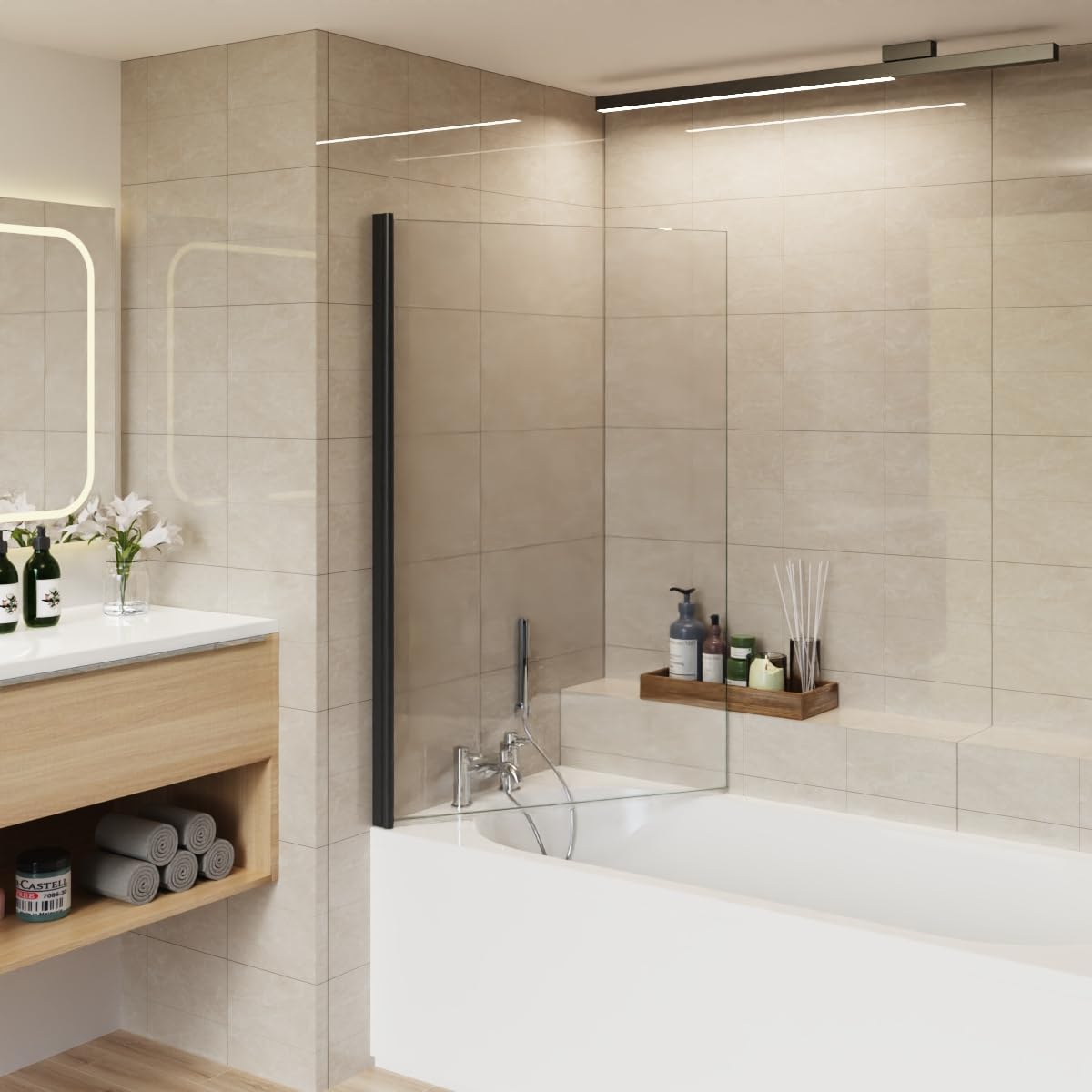 Aquariss Square Pivot Bath Shower Screen 6mm Easy Clean Glass Screen Reversible Door Panel Black 800x1400mm