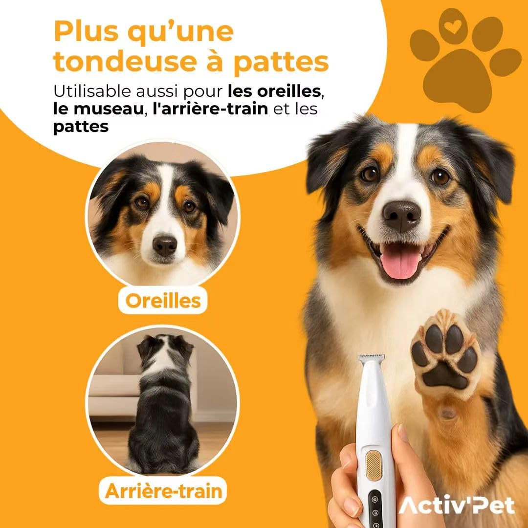 Activ'Pet Tondeuse à pattes - Douce pour Chien et Chat, Lames Céramique et Inox, LED Intégrée, Rechargeable USB, Étanche, Toilettage Zones Sensibles Sans Stress