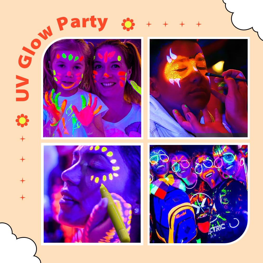 Crayons de Maquillage UV, 14 Crayons De Peinture UV Néon pour Le Visage Et Le Corps, Lavable et Non-Toxique, Maquillage pour Enfants, Idéal pour Carnaval, Festivals, Mascarades, Festa di compleanno