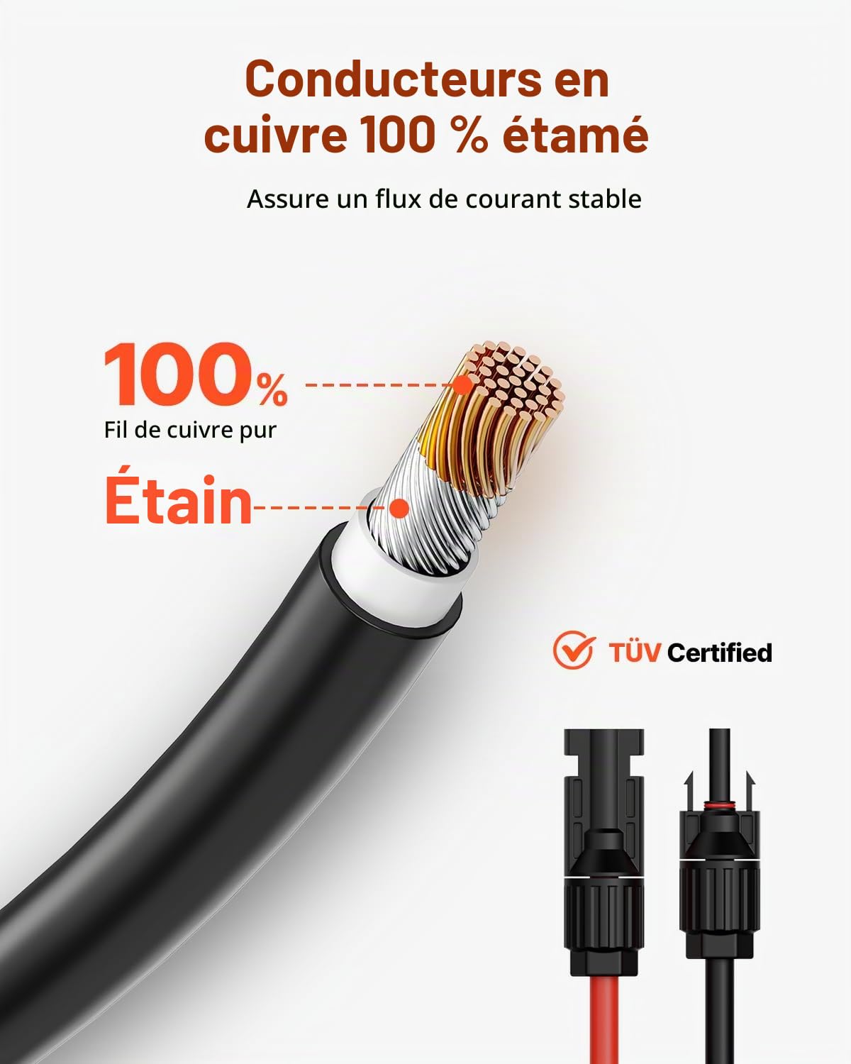 VEVOR Câble d'Extension de Panneau Solaire, 15,24 m, 10 AWG, avec Connecteurs Femelles et Mâles, CC 1500 V, Étanche IP67, pour Panneaux Solaires Domestiques, de Bateaux, Camping-cars, Toits, Lot de 2