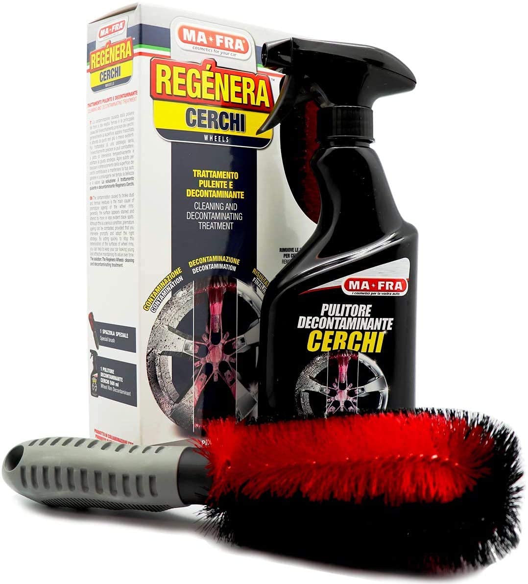 Ma-Fra Kit Trattamento Auto Interno ED Esterno. Regenera cerchi -Car Wash Shampoo e Cera- Trattamento 3IN1 PLASTICHE più 7 Panni Microfibra Multiuso 30x35 cm