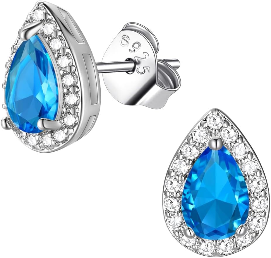 FindChic Teardrop Blue Topaz Earrings December Birthstone Sterling Silver Cubic Zirconia Studs Hypoallergenic Christmas Gifts Wedding Earrings for Brides Everyday