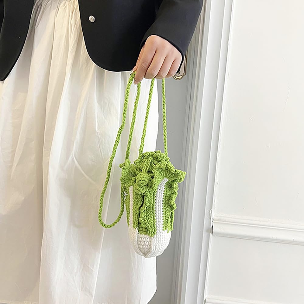 Handmade Knitted Purse Cabbage Shape Shoulder Bag for Women Wool Knitted Crossbody Bag with Drawstring
