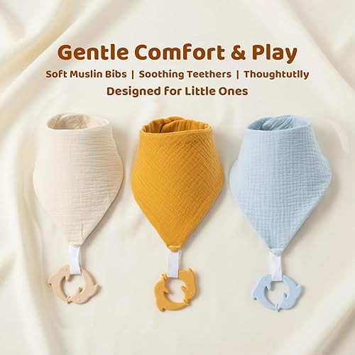 Miniatura 3 de Baberos de dentición para bebé, paquete de 6 con mordedor acoplable, 100% algodón orgánico, baberos súper absorbentes y suaves