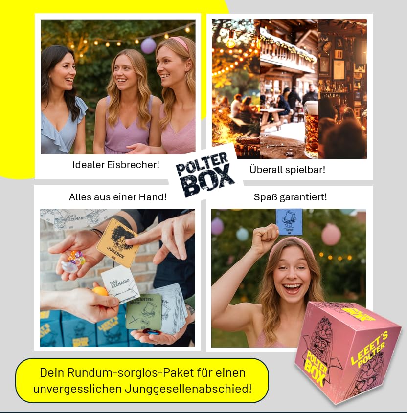 JGA PolterBox Deluxe – Komplettset mit 11 Partyspielen für Junggesellinnenabschied, 4–20 Spielerinnen – All-in-One JGA Partybox für Polterabend, Aufgaben & Gruppen-Challenges (Girls Edition)