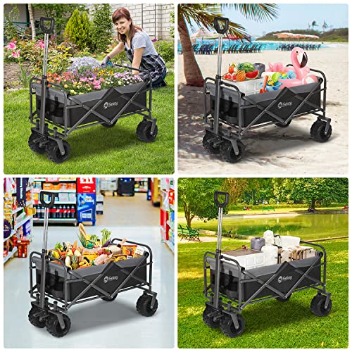Sekey Collapsible Foldable Wagon With 220Lbs Weight Capacity, Heavy Duty Folding Garden Cart With Big Beach Brake Wheels & Drink Holders.black&Grey #TOP6