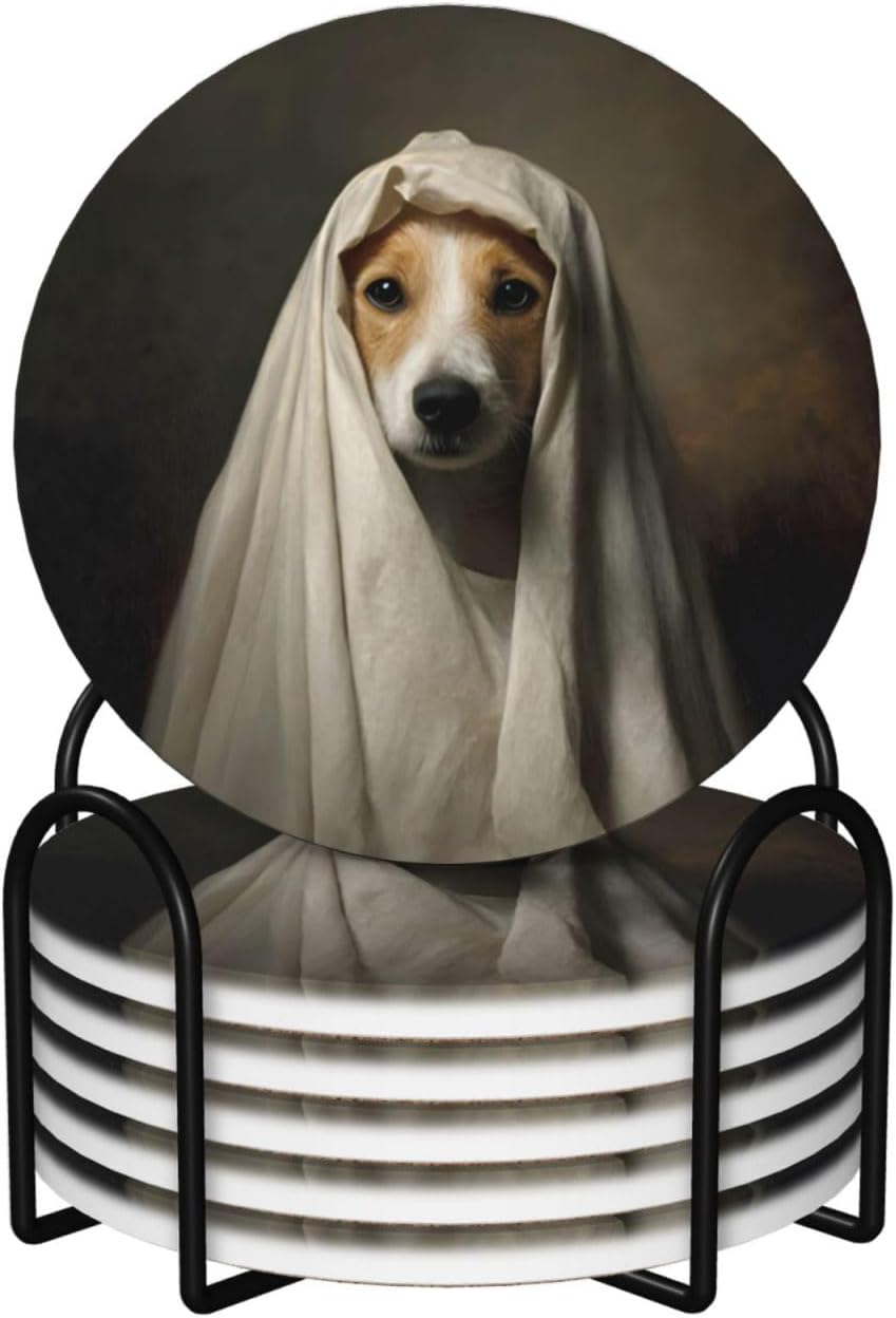 (Mischievous Dog) Ceramic Coasters Set of 6 with Holder Non-Slip Round Coffee Coasters for for Cup Mug Drink Patio Coffee Table Decor, Christmas Coasters Home Bar Supplies
