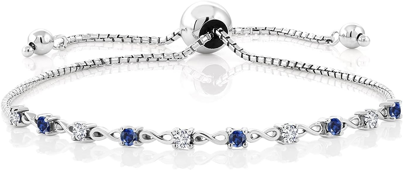 Gem Stone King 925 Sterling Silver Gemstone Birthstone and Blue Created sapphire Infinity Tennis Bracelet For Women | Round 2.5MM | Adjustable Bolo Bracelet Up to 9 Inch | Easy-On Easy-Off