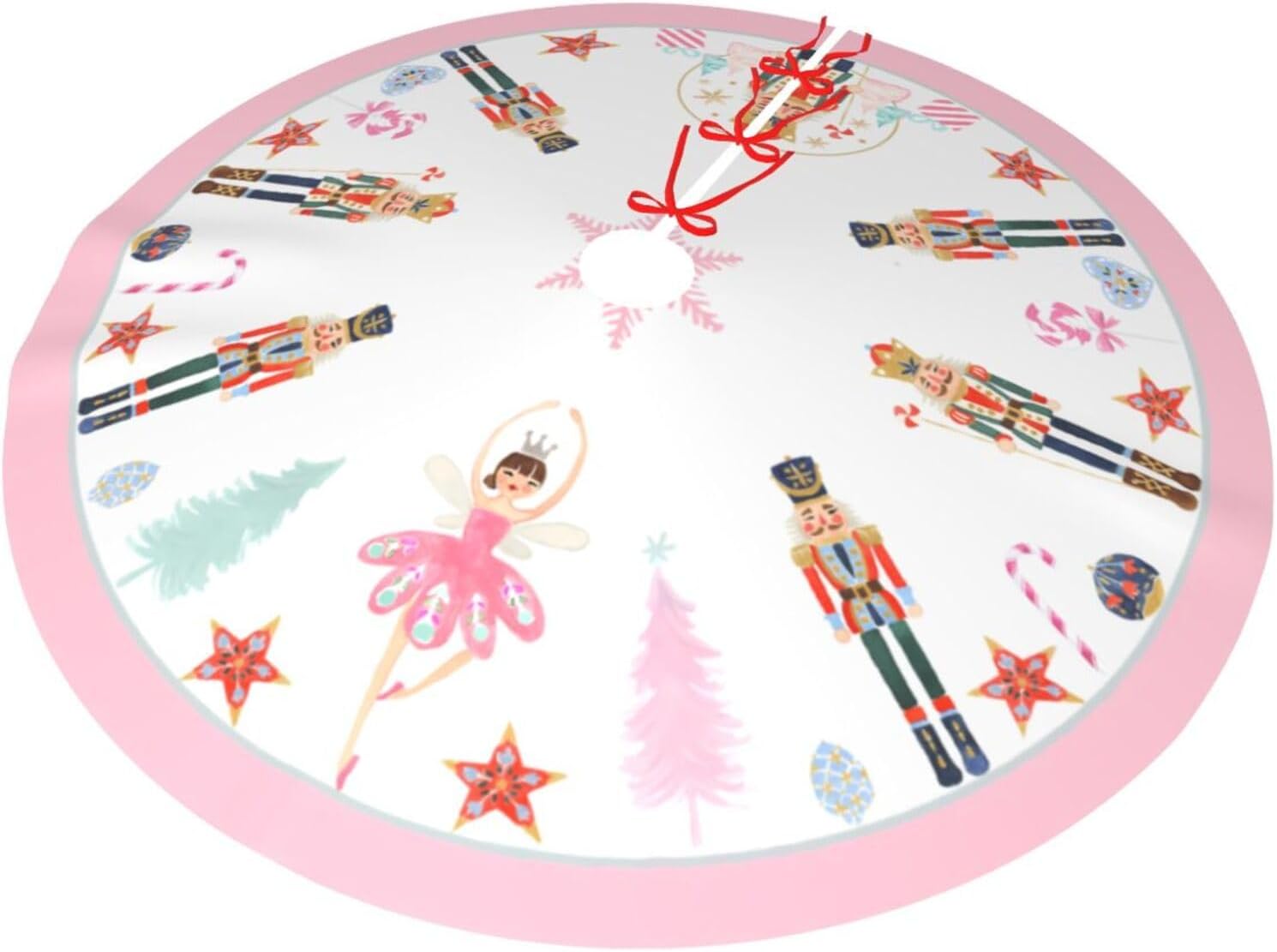 Christmas Tree Skirt 36 Inch, Pink Nutcracker Ballet and Candy-Themed Xmas Tree Mat for Medium Large Size Trees, Holiday Decor for Home, Office, Indoor Display