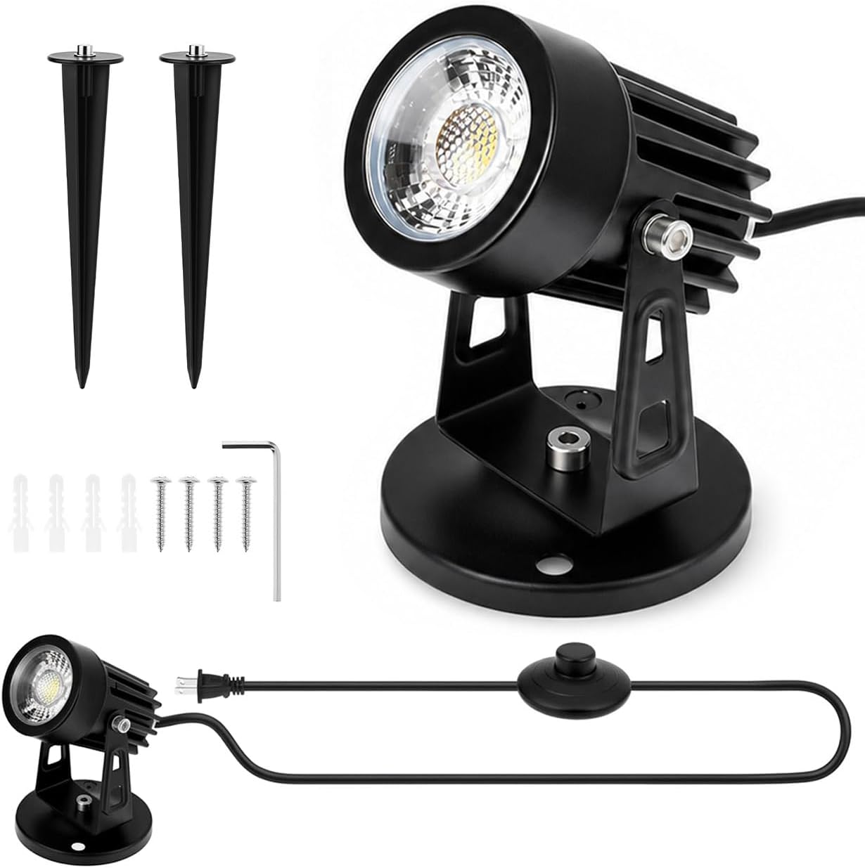 QWORK 2 Pack LED Spot Lights Indoor 3000K Warm White for Plants Pictures Wall, 3W 120V Uplight Accent Lighting with 5.9ft Cord & On/Off Foot Switch, 270° Adjustable, Base & Stake