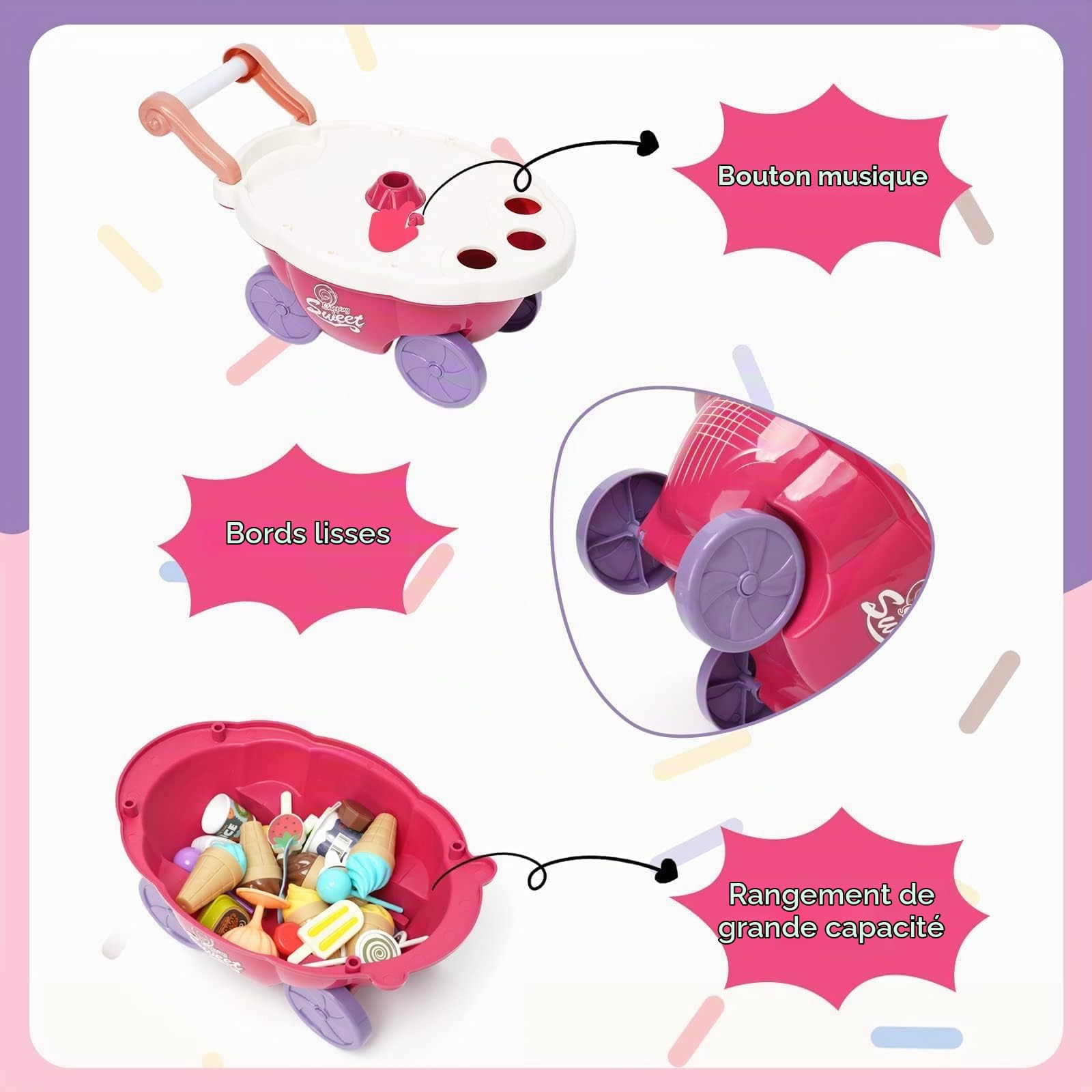 Chariot à Glace Enfant, Jouet à Crème Glacier 36 Pièces, Jeu de Rôle Éducatif avec Sucettes Chocolat, Jouet de Crème Glacée pour Enfant Filles 3 Ans