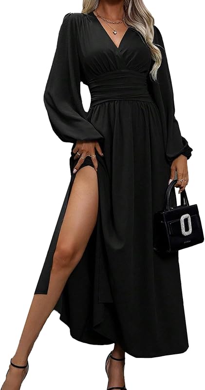 Robe Femme Elegante Col en V Taille Haute Robe Longue Plissée Manches Lanternes Fente Latérale Froncée Robes Longue de Cocktail Soirée Party