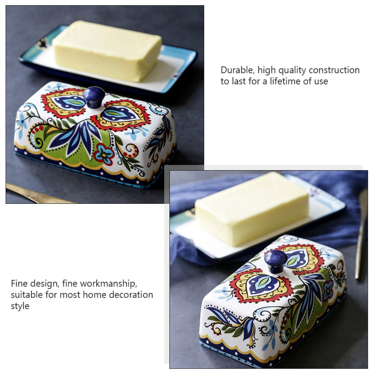 SOLUSTRE Butterglocke Keramik mit Deckel 250g Spülmaschinenfest Vintage Design zur Aufbewahrung von Käse und Früchten im Kühlschrank