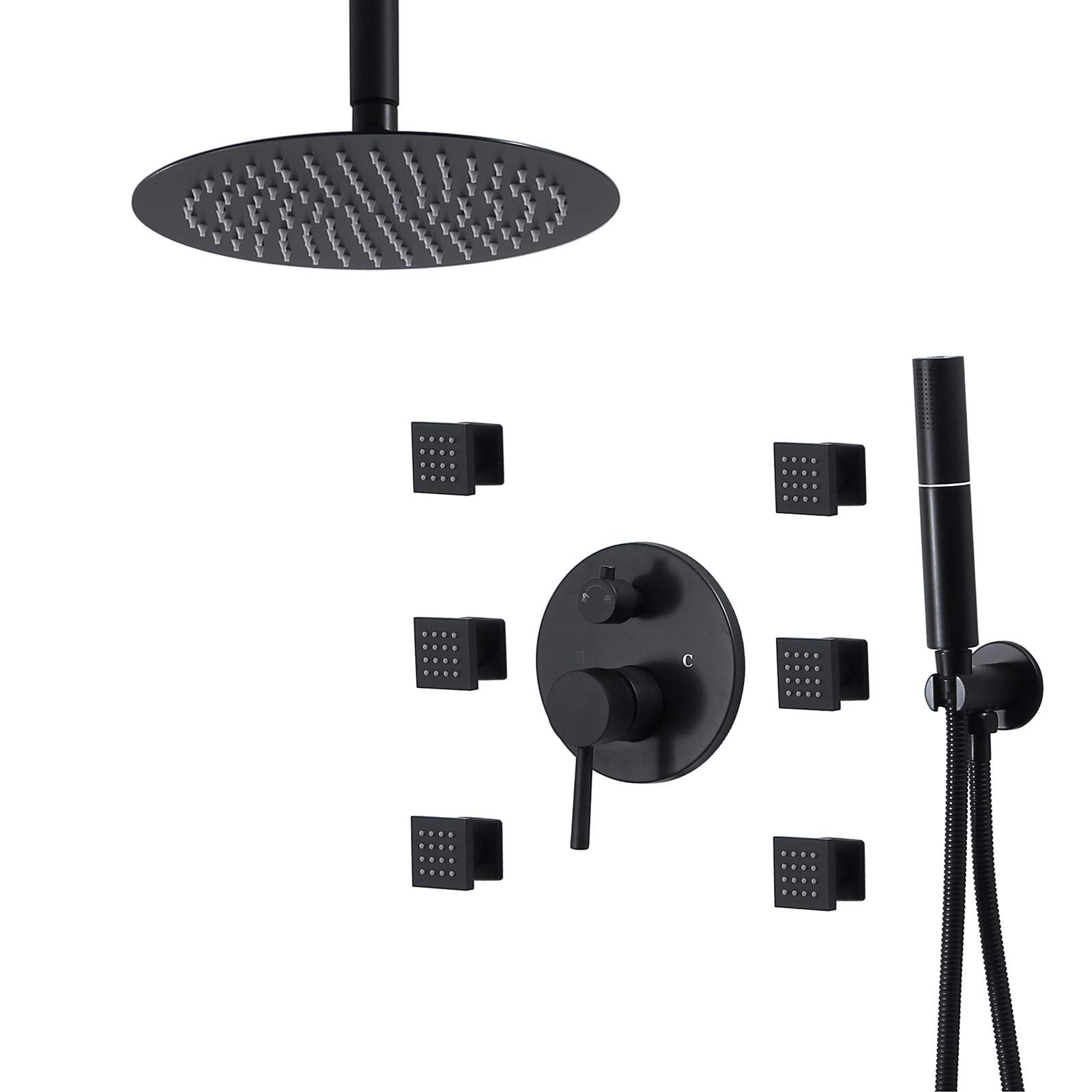 QUSYZD Black Rain Mixer Shower Combo Set Ceiling Mounted Bathroom Shower Faucet Set with 10 Inches Round Shower Head, Handheld Shower,