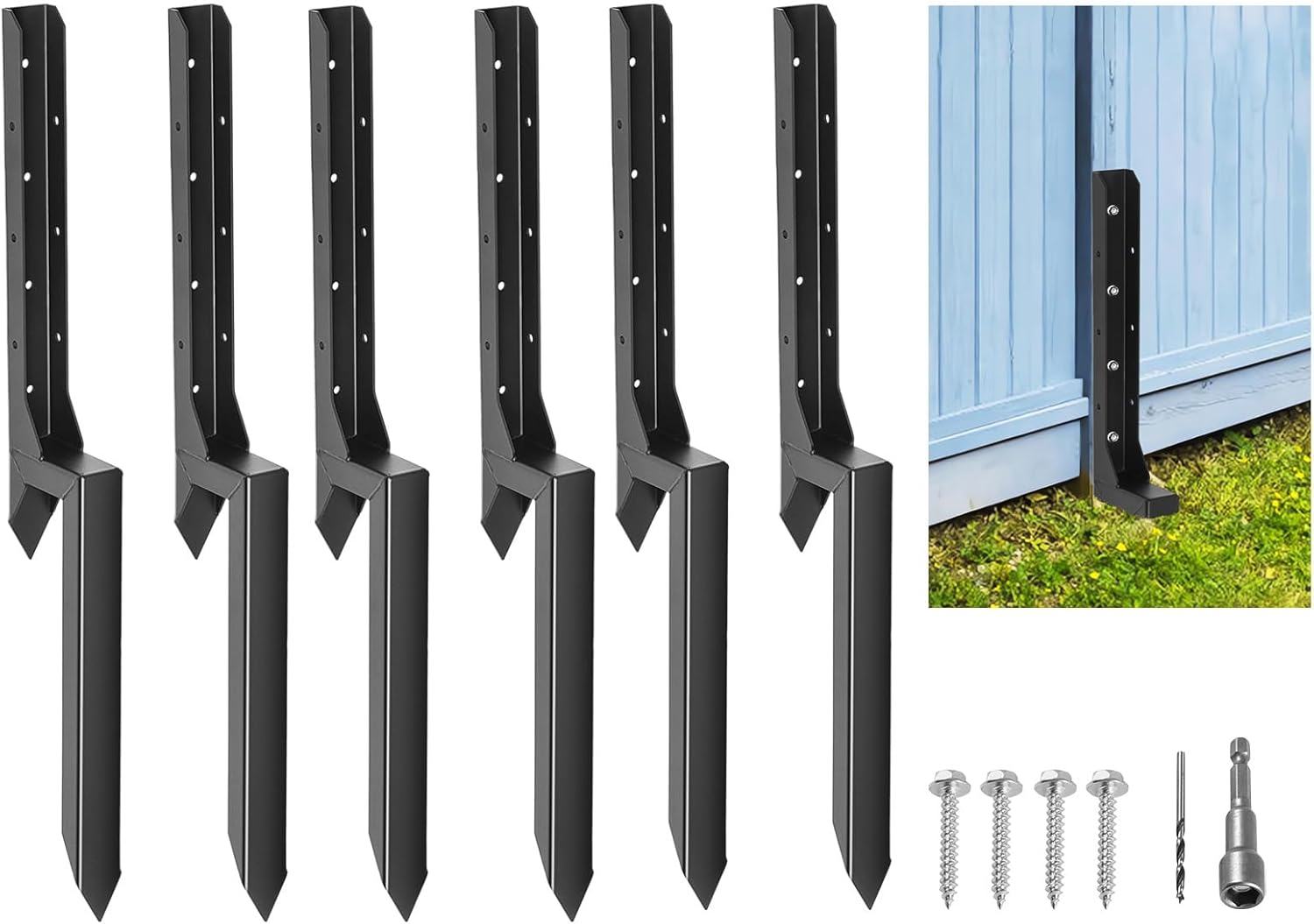 6Pack Fence Post Repair Stakes Kit, Heavy-Duty Metal Fence Post Repair Anchor, Decking Posts, Support 4x4/6x6 Garden Broken Wood Fence Post