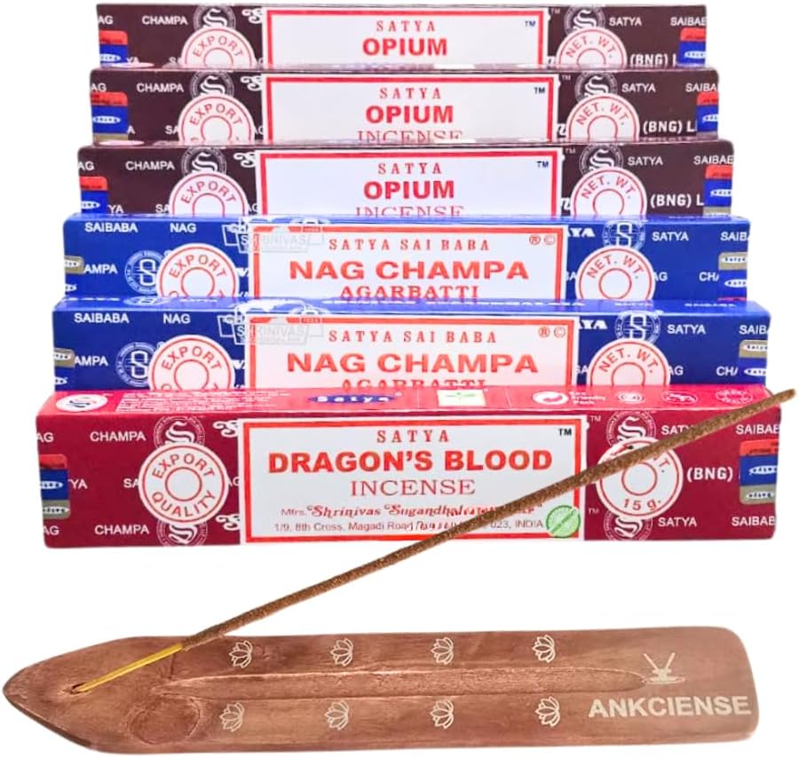 Satya with ANKCIENSE Incense Holder Pack of 3 fragrances Variety Pack of 90 Sticks. Opium, Nag Champa & Dragon Blood Insense Insence - Image 2