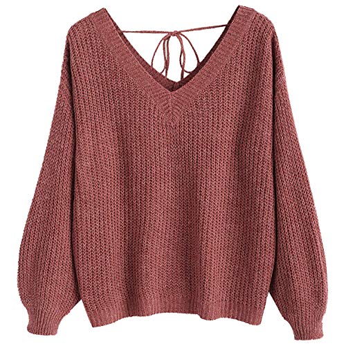 ZAFUL Jerséis Suéter de Manga Larga con Cuello en V Oversized Color Liso para Mujer 2019 Otoño Invierno, S