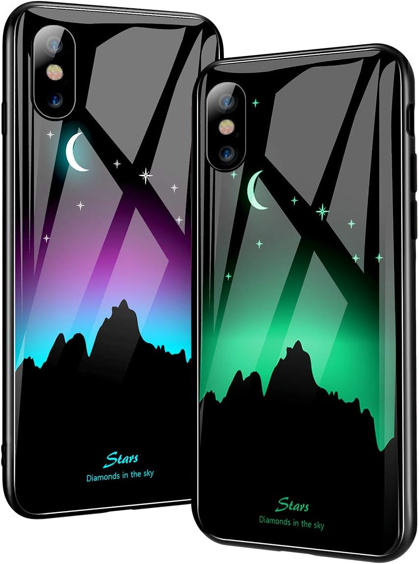 Fit iPhone X Case and iPhone Xs Case,Luminous Noctilucent Tempered Glass Back Cover with Cool Pattern Glows in Dark Case with Slim Fit Soft Silicone Bumper for Girl Women Boy and Men … (Star)