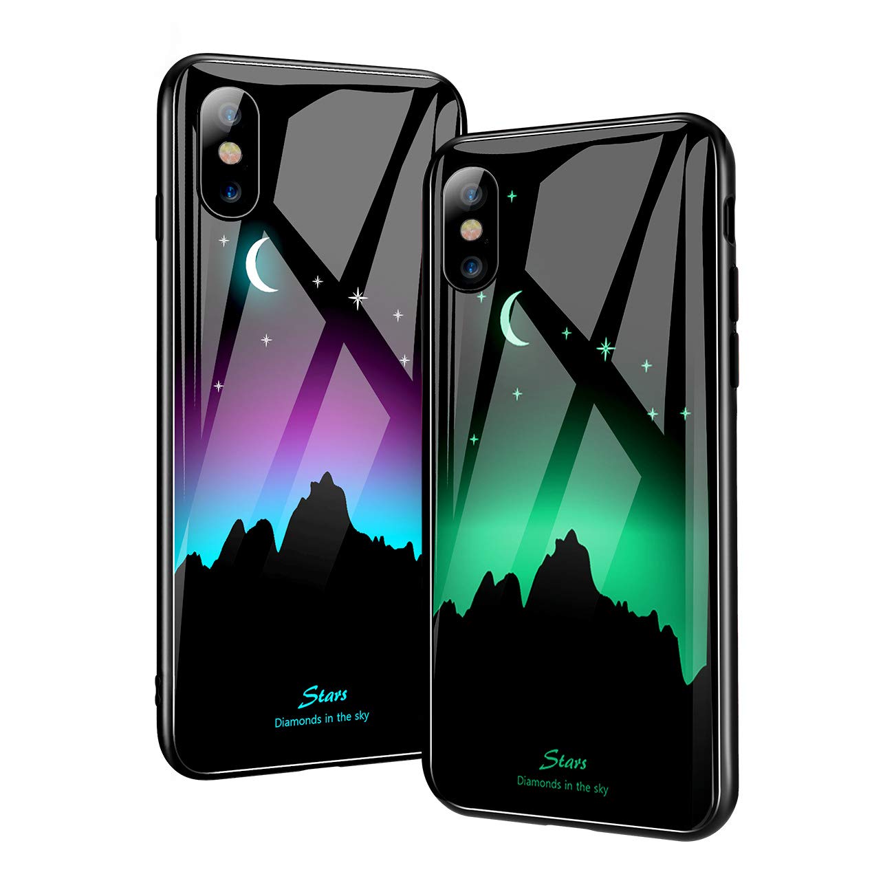 Fit iPhone X Case and iPhone Xs Case,Luminous Noctilucent Tempered Glass Back Cover with Cool Pattern Glows in Dark Case with Slim Fit Soft Silicone Bumper for Girl Women Boy and Men … (Star)