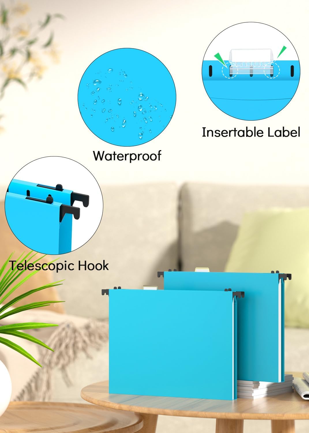 Extra Capacity Plastic Hanging File Folder, 12 Pack Reinforced Hang Folders Letter Size, Heavy Duty 1 Inch Expansion Filing Cabinet Folders, for Bulk Files, Medical Charts, Blue