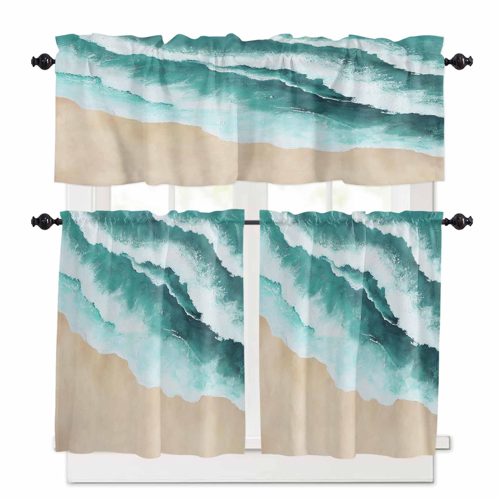 Teal Waves Coastal Kitchen Curtains 24 Inch Length, 3 Piece Rod Pocket Small Half Tiers and Valance Set, Summer Beach Nautical Ocean Sea Small Large Window Treatment Decor for Bedroom/Bathroom Sink