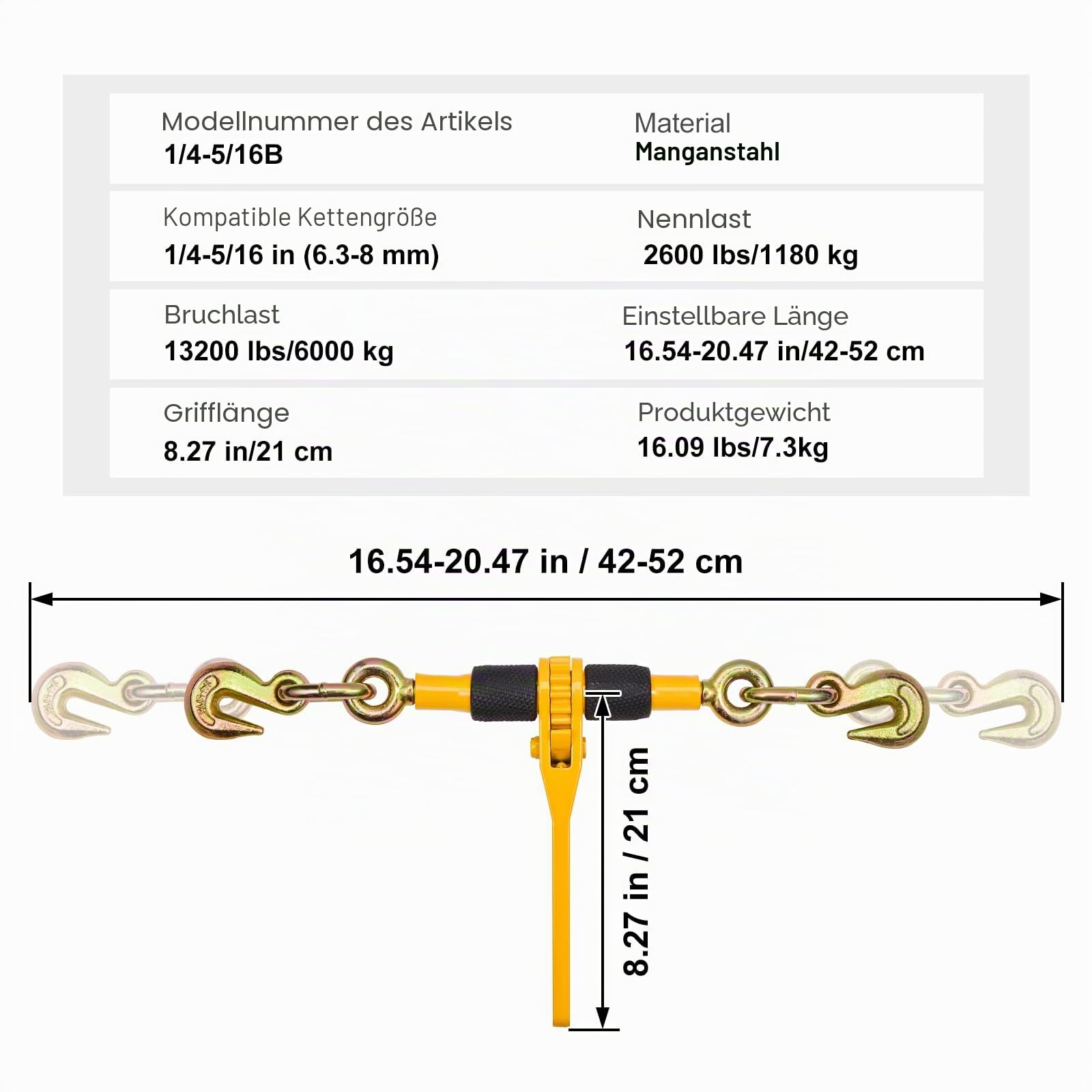 VEVOR Ratschenlastspanner, 6,3-8 mm, 1180 kg sichere Arbeitslast, 4er-Set Lastbinder mit 2 Greifhaken, Kettenspanner für Transportketten, Hochleistungs-Abschleppketten-Ratschenkettenbinder