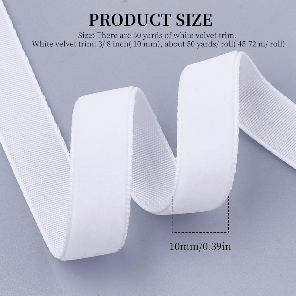 CABODYALS 45.72M 10mm White Crushed Velvet Ribbon Thin Trim Soft Vintage Single Face Fabric Ribbon Bundle Rolls with Spool for Sewing Making Package Wrapping Christmas Wedding Bouquets DIY Crafts - Image 2
