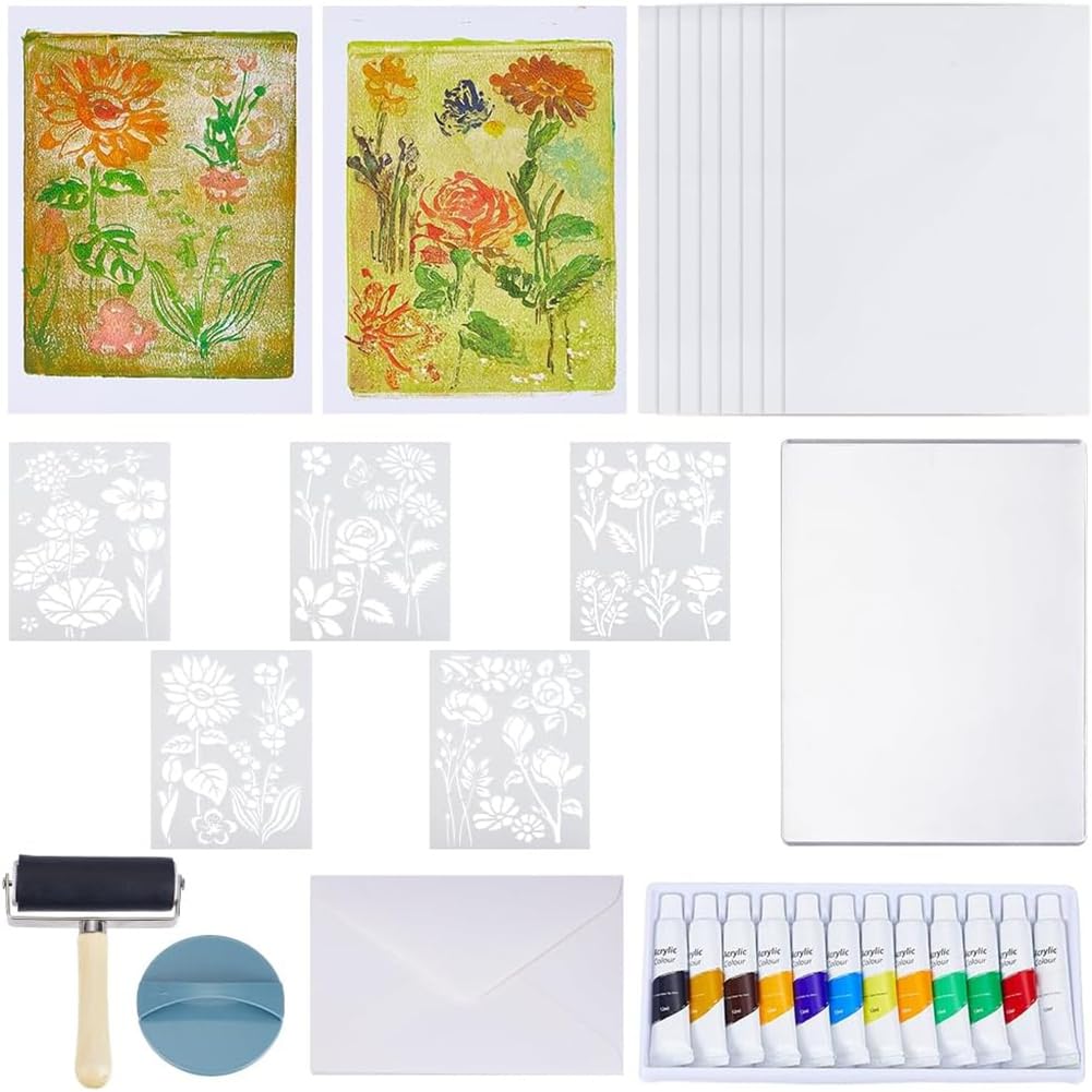 IJSDNVJNDX Gel Printing Plate Kit- Reusable Gelatin Plate 12.7x17.8 Cm/5x7 Inch Stencils, Acrylic Paint& Essential Tools for Adults