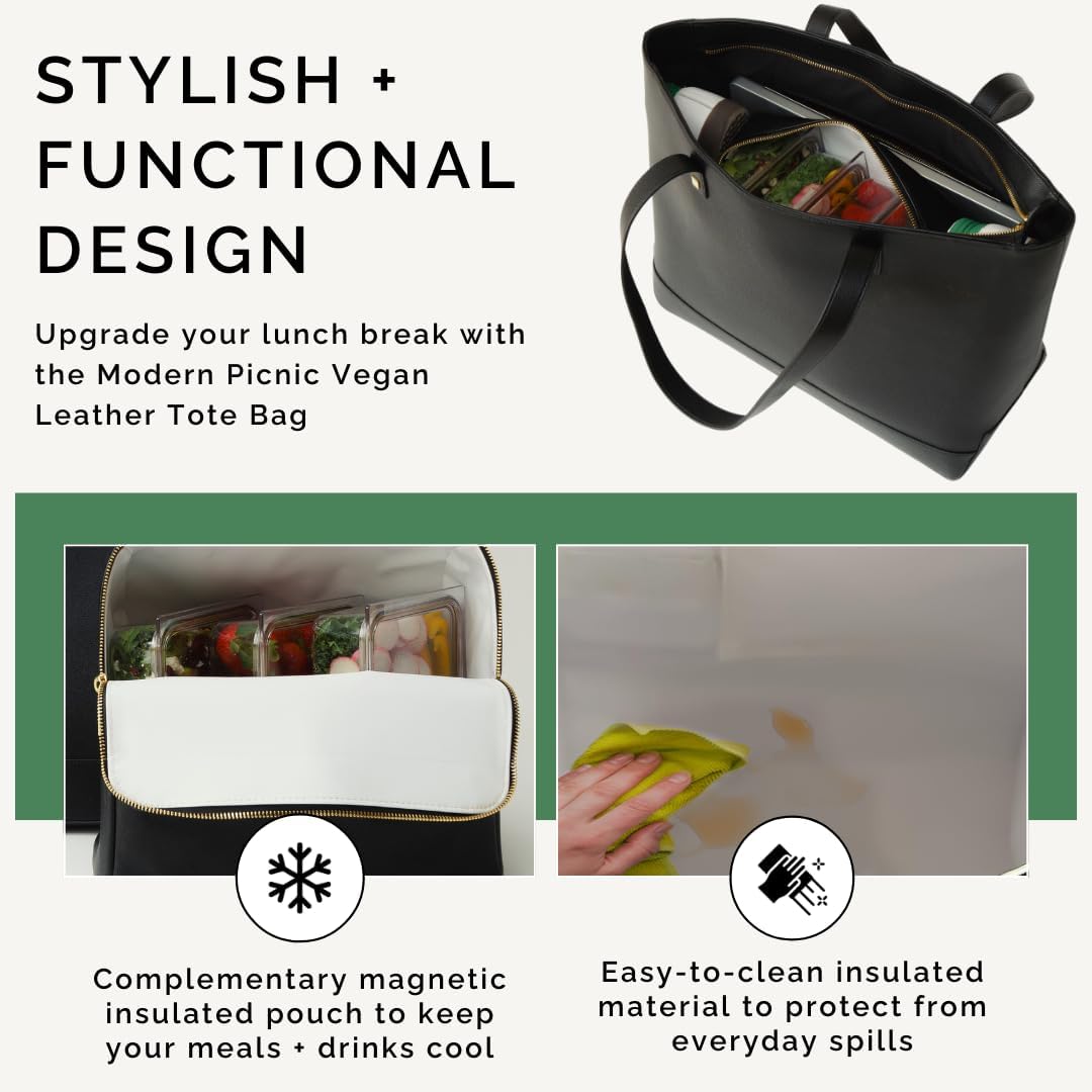 Black Faux Leather Tote with Insulated Pouch