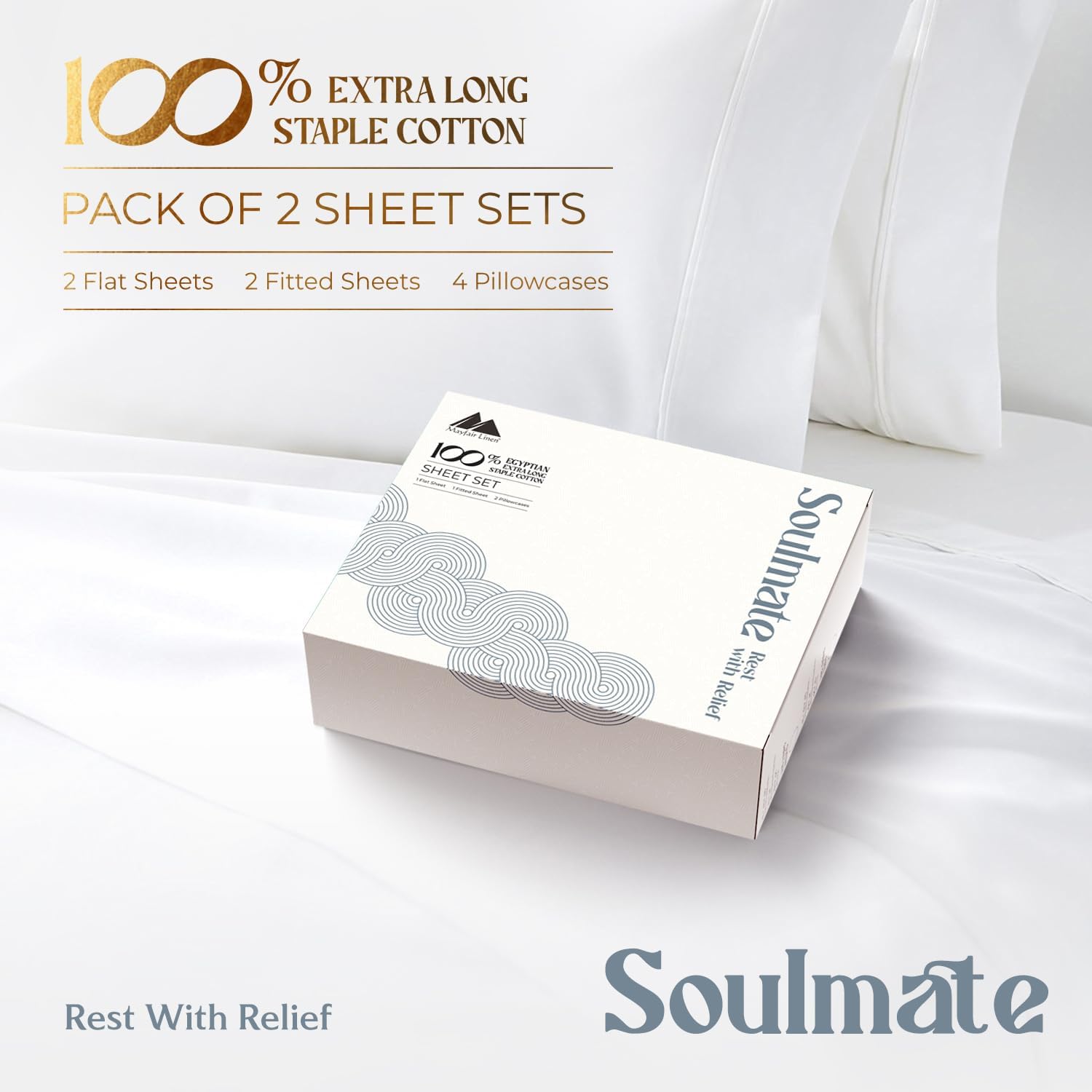 Mayfair Linen 100% Egyptian Cotton 2 Pack Full Sheet Set - Luxury 500 Series Soulmate Collection Cotton Sheets Full Size (8 PC, White), Silky Soft, Cooling 16" Deep Pocket Hotel Quality Sheet image 4