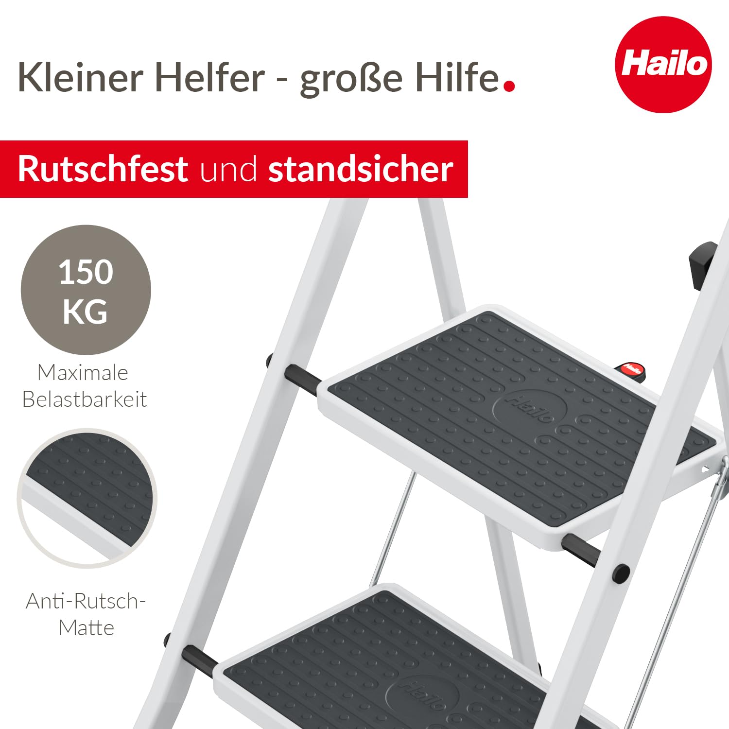 Hailo K75 ComfortLine Klapptritt - 2-stufige Trittleiter aus Stahl mit Sicherheitsbügel und Ablageschale - Arbeitshöhe bis 2,47 m - Gewicht: 5 kg - Weiß
