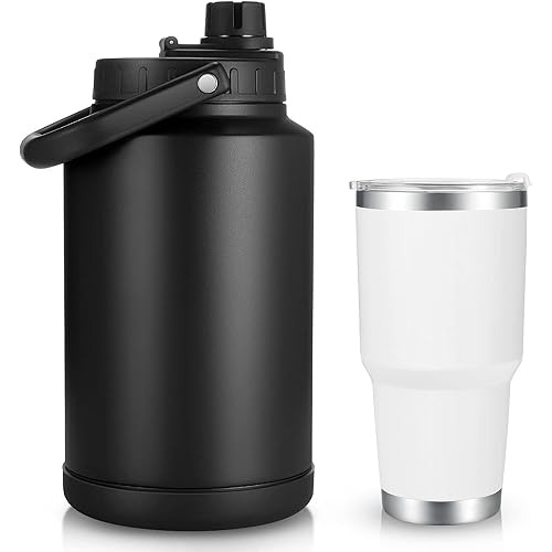 Sursip 128oz Insulated Stainless Steel Water Jug with 30oz Tumbler - Keeps Drinks Hot or Cold for Hours,18/8 Food-Grade One Gallon Water Bottle(Black)