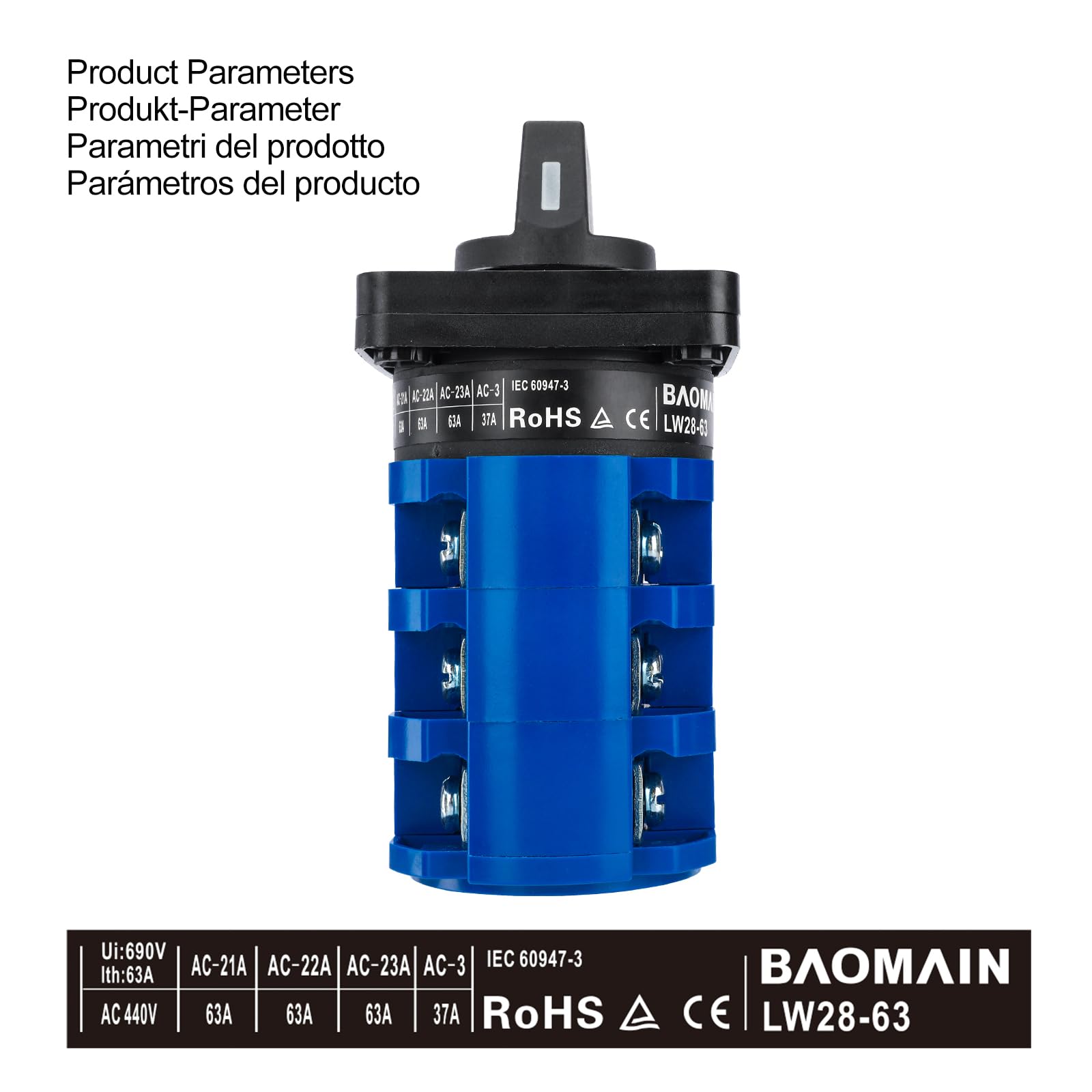 BAOMAIN Interruttore Rotante Universale, ON-OFF-ON, 690V 63A 3 Posizioni 3 Fasi, Approvazioni CE, LW28-63/D303.3