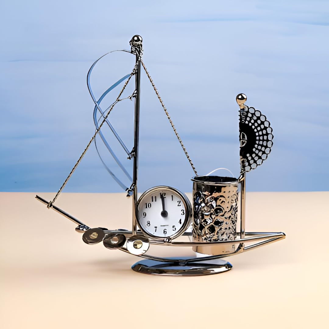 Jamboree!!! Retro Sailboat Model Clock with Metal Pen Container Holder,Iron Art Decorative Pencil Cup Pot Desk Table Clock Home Office Decor Ornaments Birthday Gift for Student Father Teacher