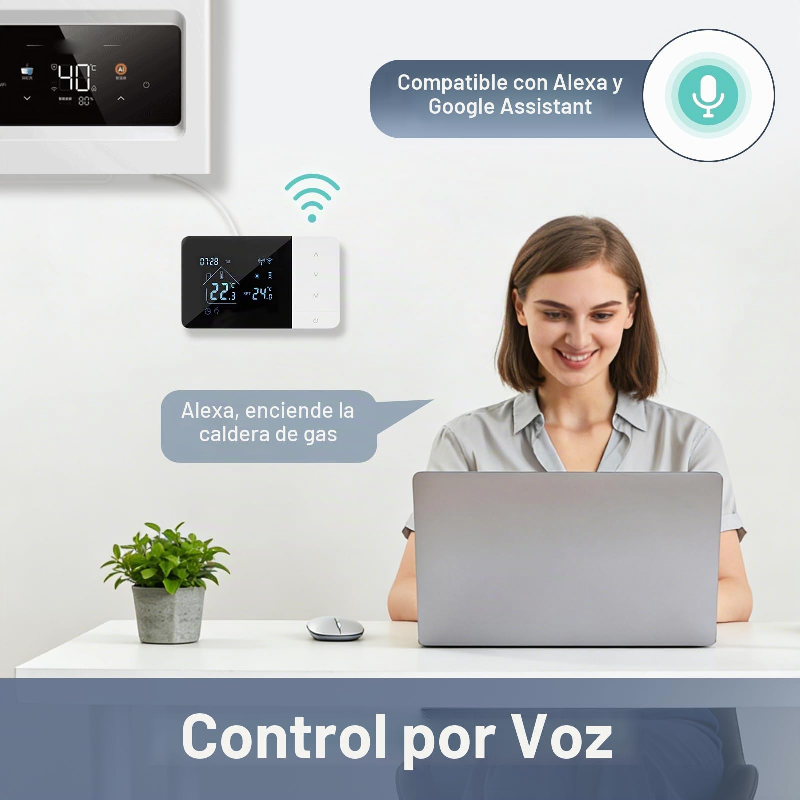 Termostato caldera, WiFi, termostato doméstico digital programable, alimentado por batería, caldera de 2 cables compatible con control de voz de Google y Alexa