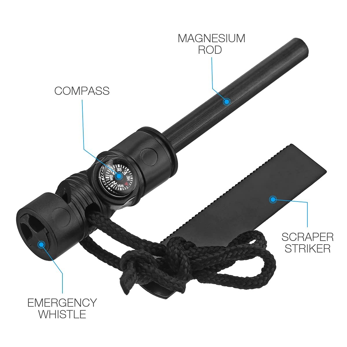 Feuerstarter mit Kompass, Paracord und Pfeife - Wasserdichtes Feuerstahl Survival Feuerzeug für Ihre Camping, Wandern und Rucksackreisen Ausrüstung Allwetter Magnesium Ferro Rod