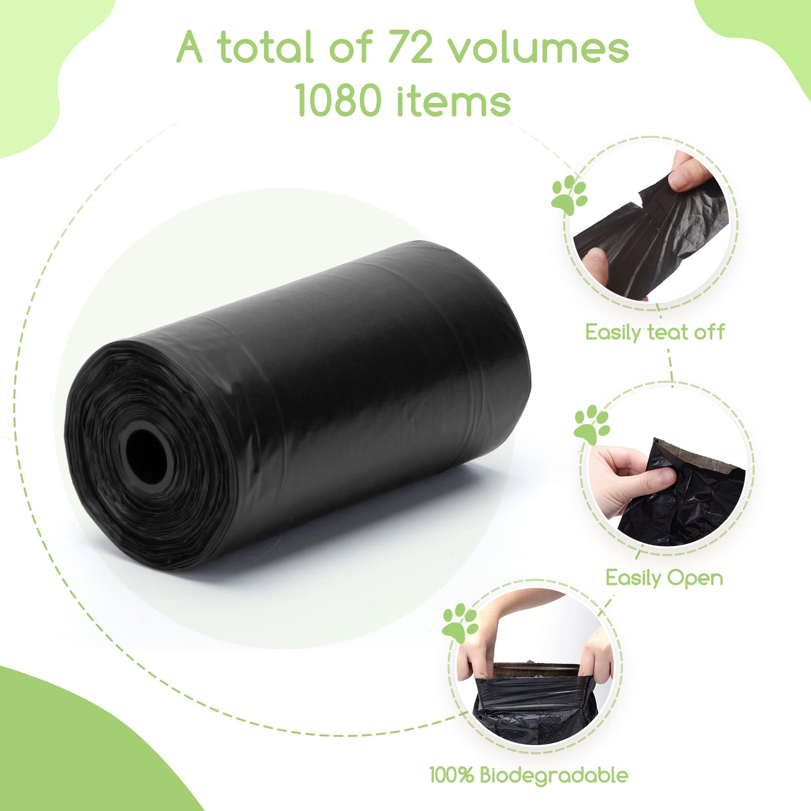 Nobleza Sacchetti Cane Cacca, 1080 unità Sacchetti Cane, Bustine Cane Extra Spessi, Forti e Prova di Perdite, Sacchetti Cane, 72 Rotoli/1080 Pz, Tre Rotoli per Busta, Nero