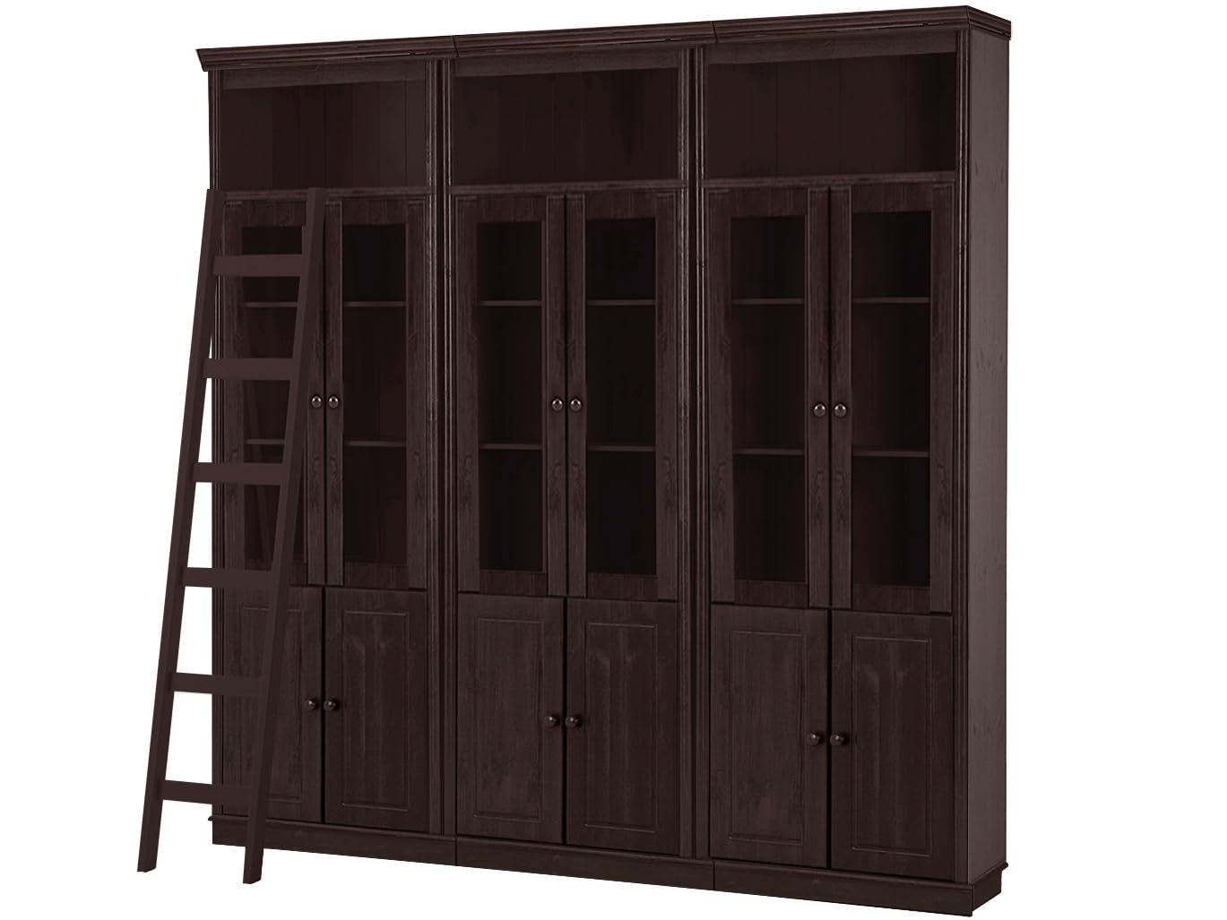 Anita Wall Unit C with 3 Bookcases, 6 Wooden Doors, 6 Glass Doors and 1 Ladder in Havana Lacquer, 222 x 34 x 223 cm (W x D x H)